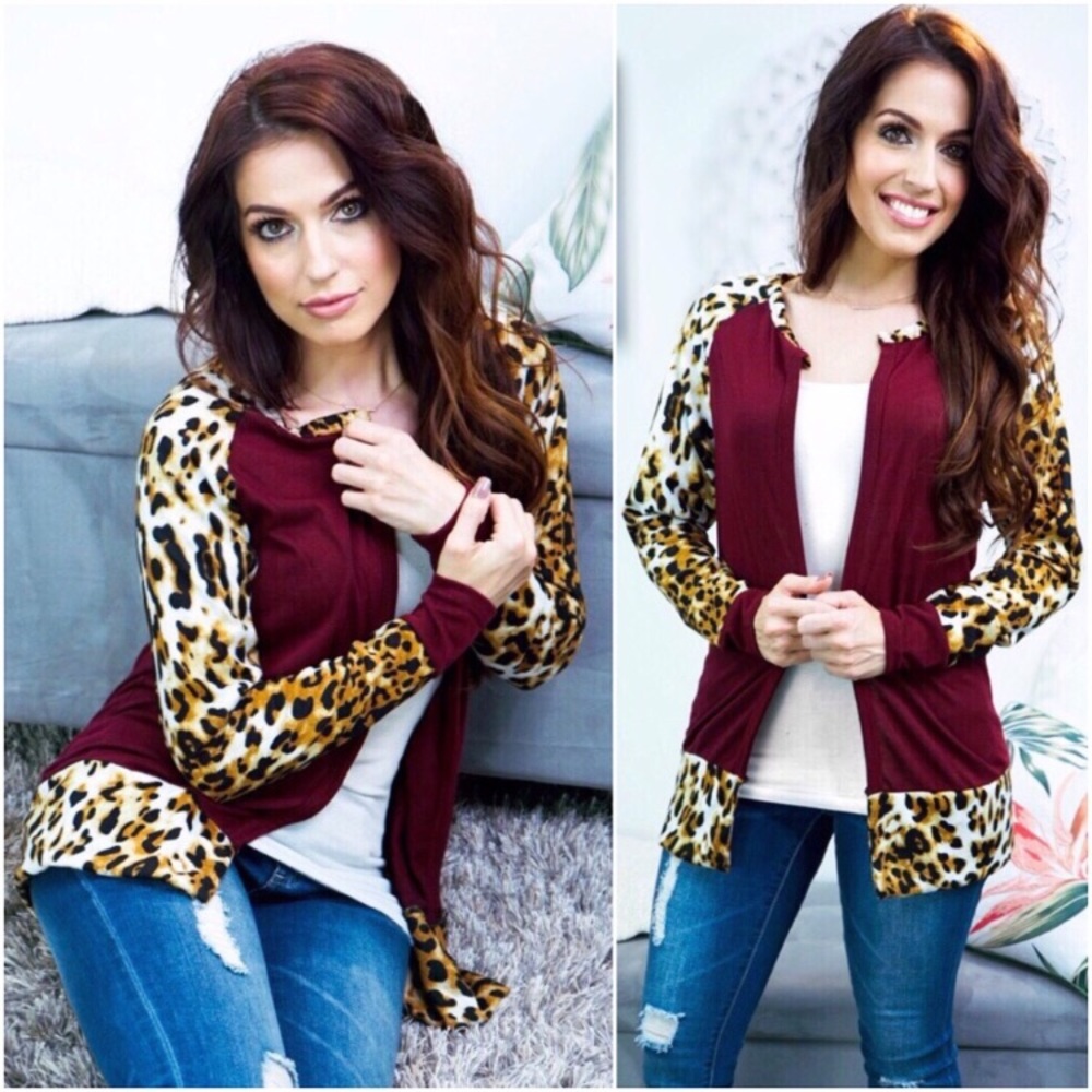REDUCED Burgundy Cardigan Leopard Print Sleeve - Picture 2 of 5